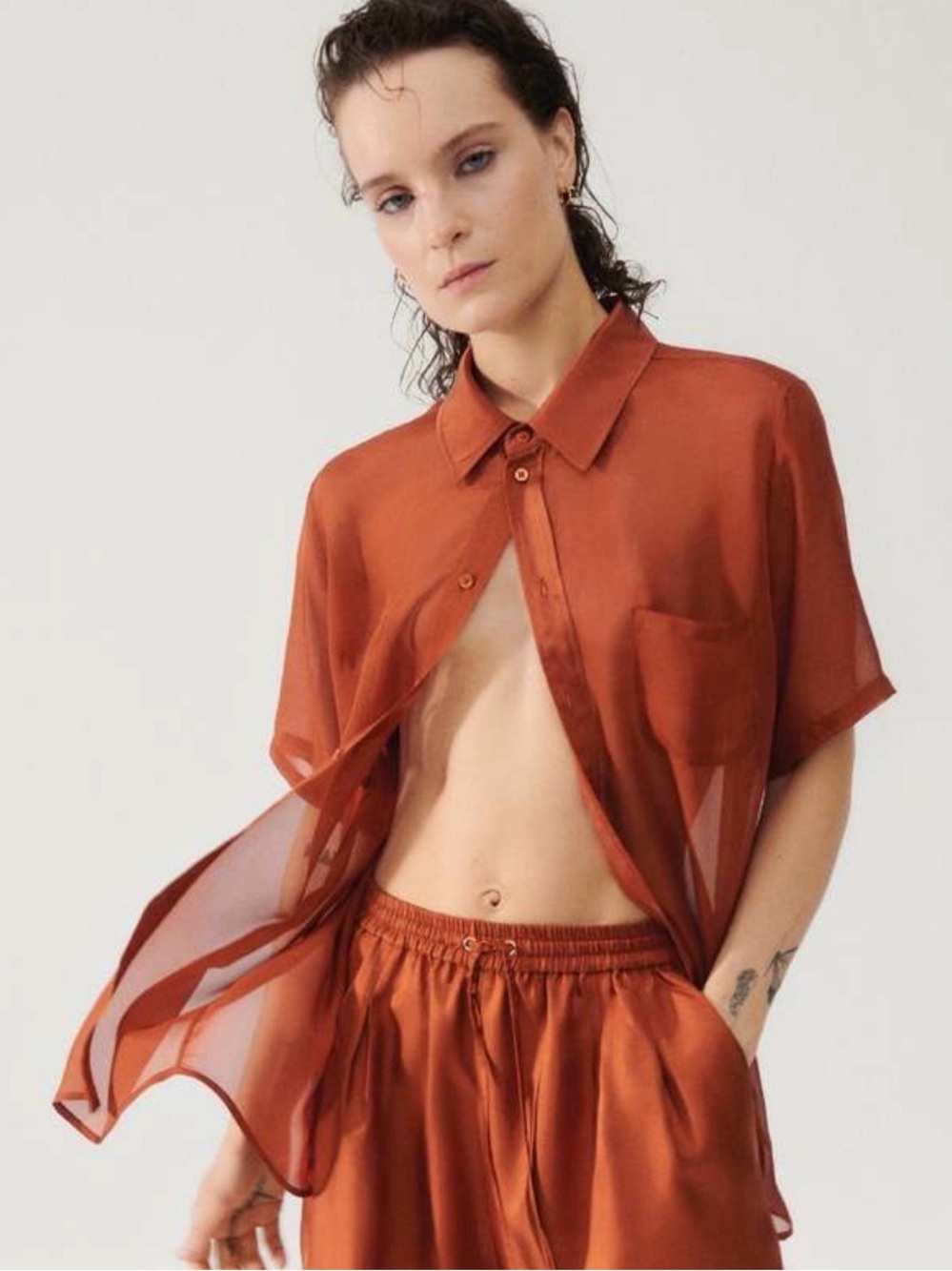 Silk Laundry Sheer Silk Short Sleeve Boyfriend Shirt Size S in Umber